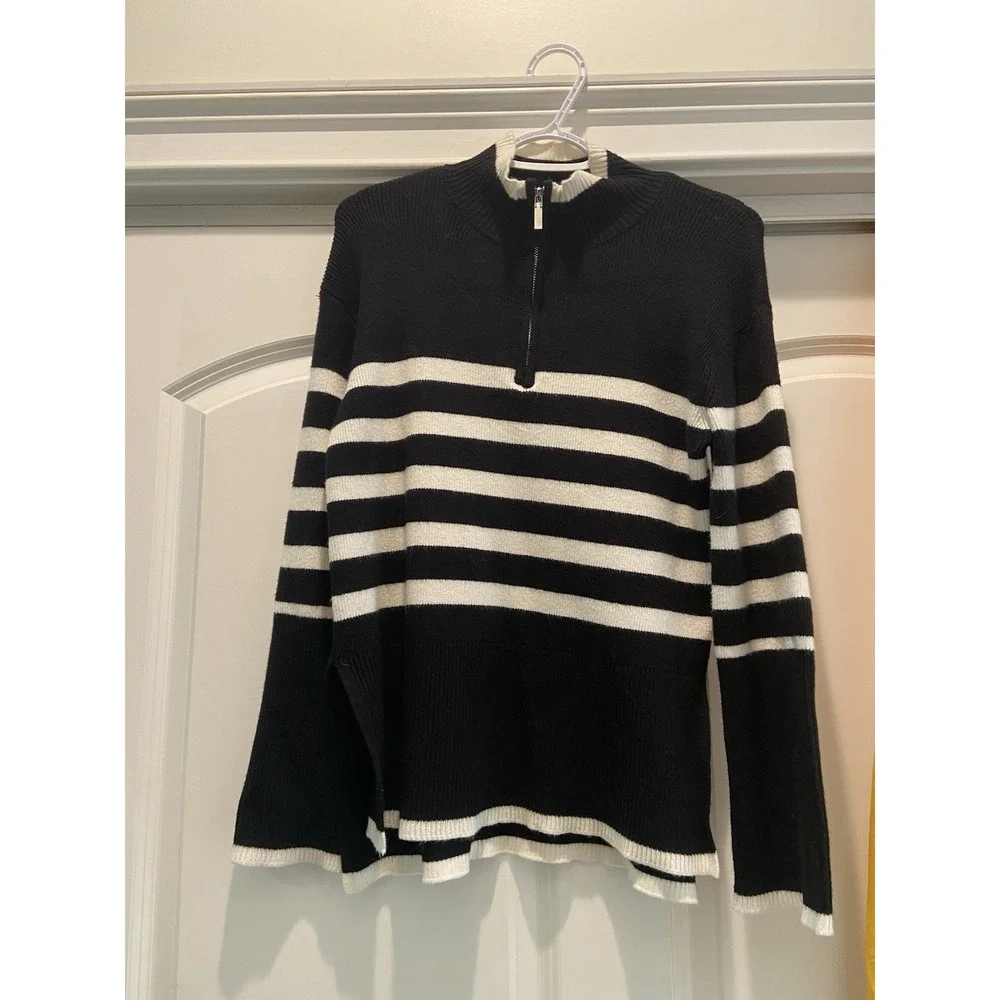 For the Republic Black White Striped Mock 1/4 Quarter Zip Womens Knit Sweater XS